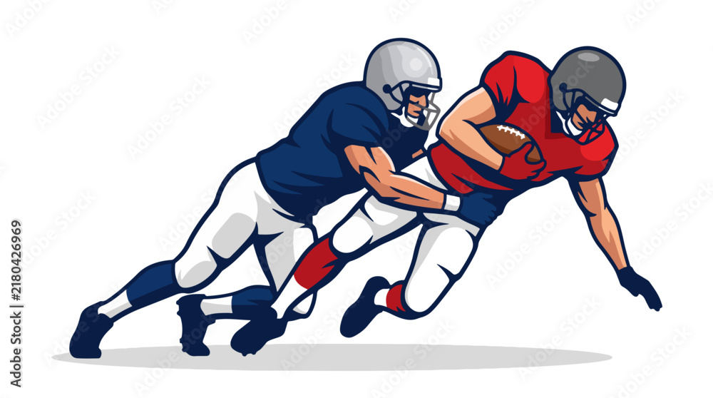 Fototapeta premium American football player in red jersey being tackled by defender during championship game