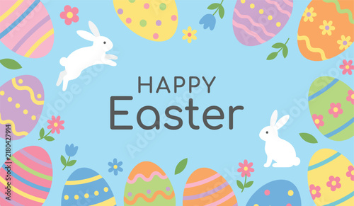 Happy Easter greeting banner with colorful eggs cute bunny and flowers on blue background design