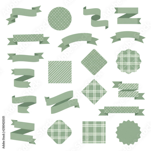 Diverse sage green 2d illustrated scrolls and badges with patterns and watercolor texture, cleanly isolated on white background, a versatile graphic design assets concept