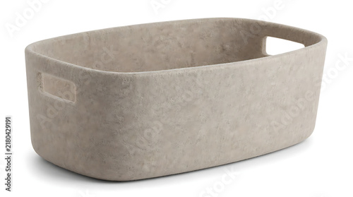 Close up of empty round grey felt storage bin basket on clean white background for modern minimalist home organization