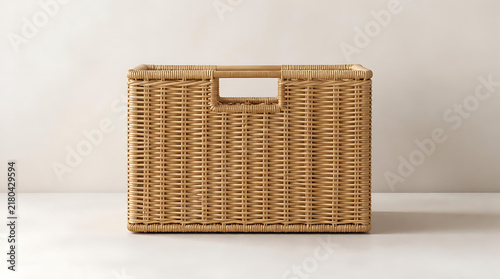 Front view of empty rectangular woven rattan storage basket with handle hole on neutral background for home organization