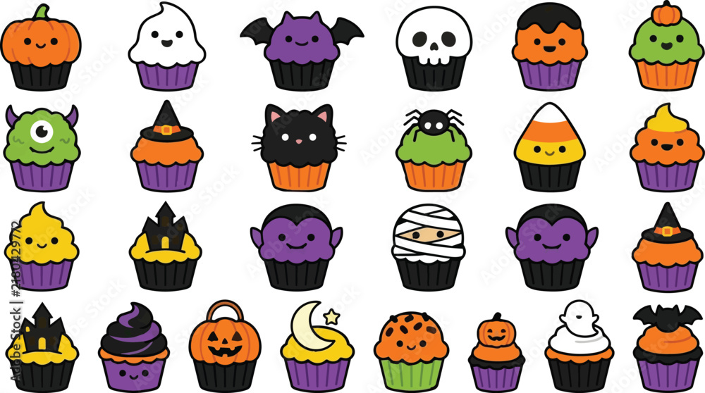 Obraz premium Halloween Spooky Kawaii Halloween Cupcake Collection, Cute Baking Treats Set, Funny Monster Iced Desserts, Spooktacular Pastries Vector Illustrations