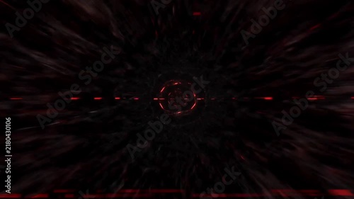 Futuristic dark tunnel with glowing red lights and fast motion speed effect