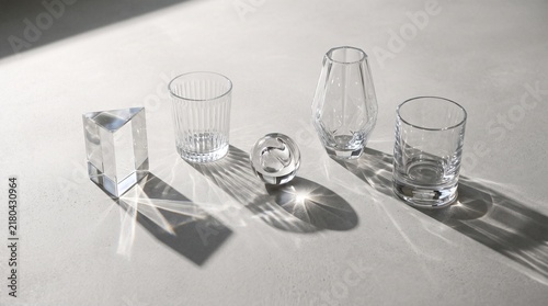 Glass effect on geometric crystal objects casting sharp shadows and caustic light refractions on white background