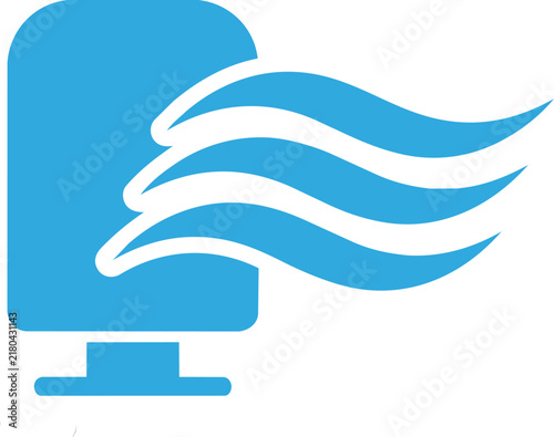 Blue icon of an air purifier or fan emitting wavy airflow streams on a white background
