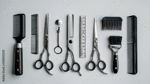 A flat lay of barber tools including scissors, combs, a ruler, and a brush on a white background.
