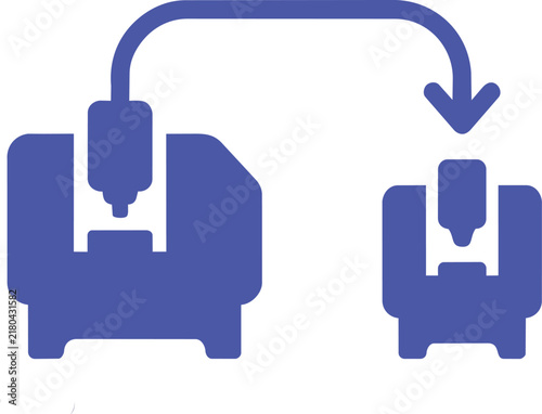 Blue icon showing a manufacturing process with a transfer arrow between two industrial cnc milling machines
