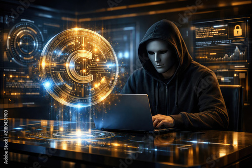 Man hacker in mask and hoodie typing on laptop with glowing golden cryptocurrency coin hologram. Cybercrime and digital fraud concept. Dark web hacker stealing crypto money and data in cyberspace