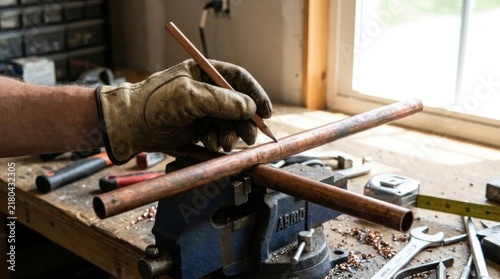 Hand marking copper pipe on workbench with pencil.