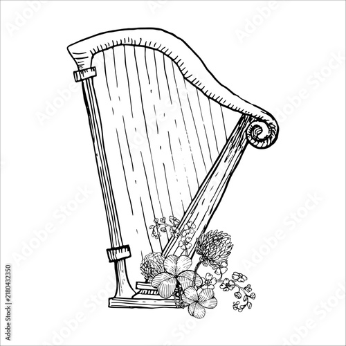 Irish harp with clover and forget-me-not flowers bouquet hand drawn vector ink sketch. Monochrome botanical line art element for St Patricks day greeting cards, Irish pub branding and festive poster.