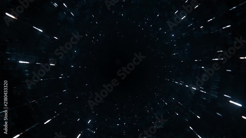 Futuristic high speed tunnel travel with glowing light streaks and dark