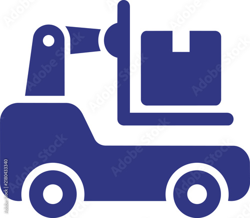 Dark blue flat icon of a forklift carrying a cardboard box on a white background