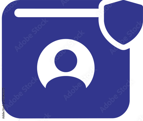 Dark blue rounded square icon featuring a white user profile silhouette and a shield symbol for data security
