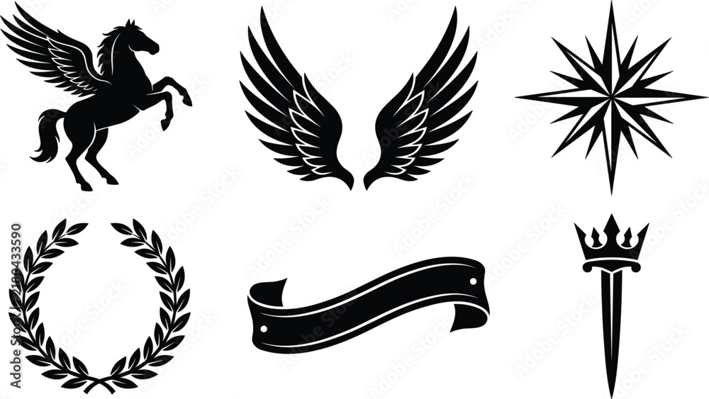 Fototapeta premium Heraldic emblem collection featuring winged horse, eagle wings, compass star, laurel wreath, curved ribbon banner and crowned sword symbols