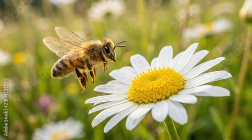 Honeybee pollinating white daisy flower in meadow.