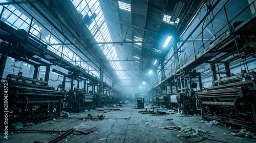 Interior of an abandoned textile factory with rusty industrial machinery