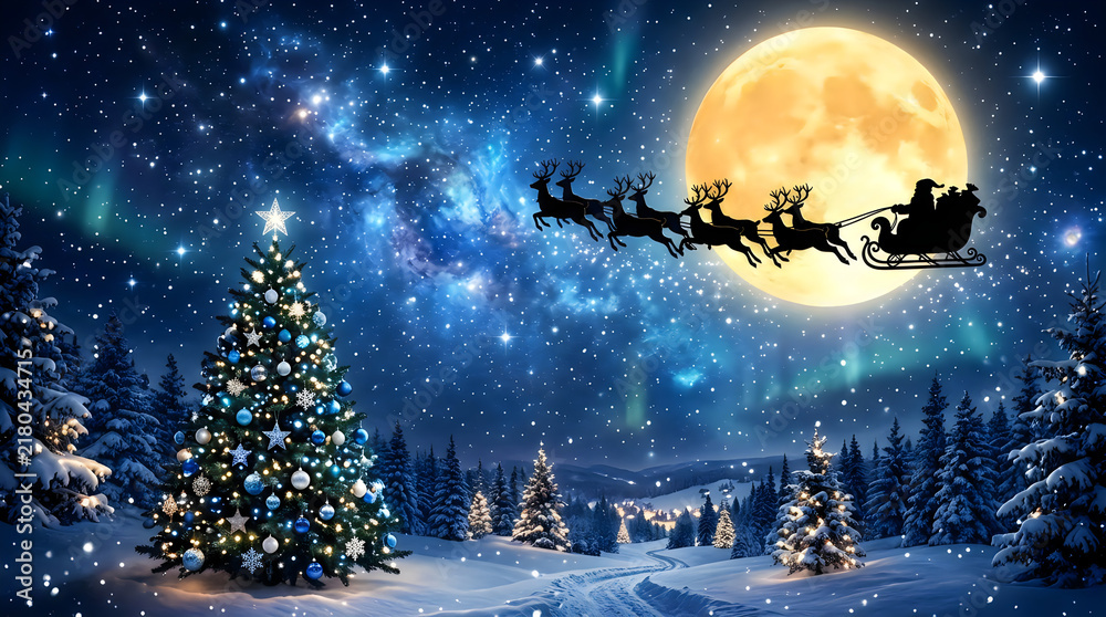 Fototapeta premium A vibrant and enchanting digital illustration depicting Santa Claus flying his reindeer sleigh past a radiant full moon over a decorated festive pine tree Isolated on transparent background