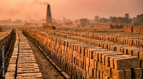 Rows of unbaked clay bricks drying in the sun at a traditional brick factory