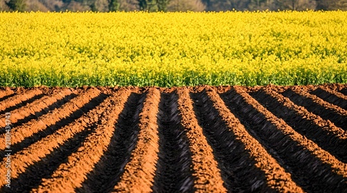 Split agricultural landscape of freshly plowed brown soil and vibrant yellow rapeseed field