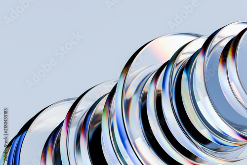 3D glass rings prism reflections copyspace and rhythm form a clean futuristic composition with rainbow spectral highlights