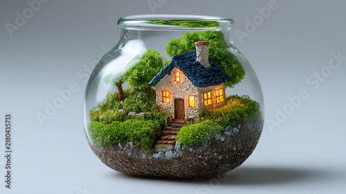 Eco house concept inside a fresh glass jar with green plants and vegetables isolated on white