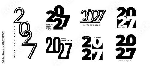 2027 Happy New Year typography logo set with modern minimal numbers. Black and white, monochrome vector typography layouts isolated on white background for posters, cards, banners, calendar covers
