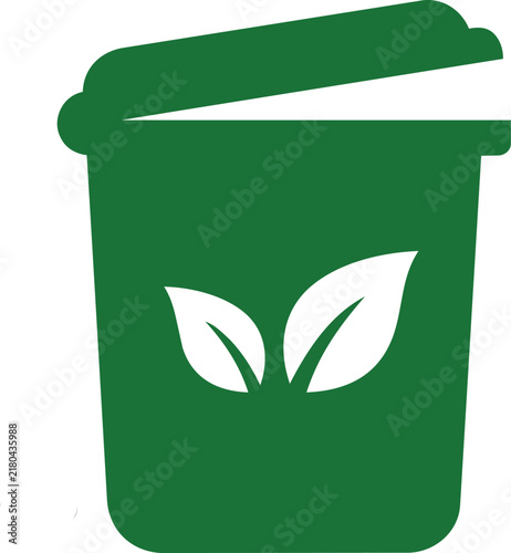 Green recycling bin icon with two white leaf symbols, flat on white background trash