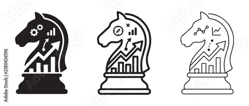 chess knight pieces featuring financial growth charts and business icons isolated on transparent background
