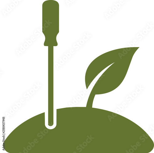 Olive green icon of a screwdriver inserted into a mound of soil with a sprouting green leaf