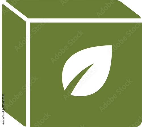 Olive green cube icon featuring a white leaf silhouette, minimalist environmental symbol for sustainable packaging
