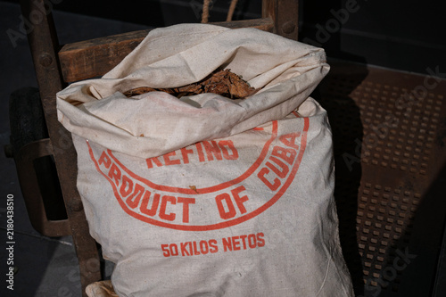 Vintage burlap sack labeled product of Cuba containing dried tobacco leaves resting on an old wooden hand truck.