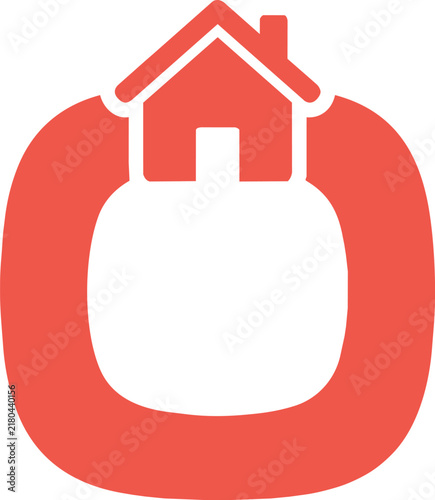 Red house icon inside a rounded square frame, minimalist symbol home real estate