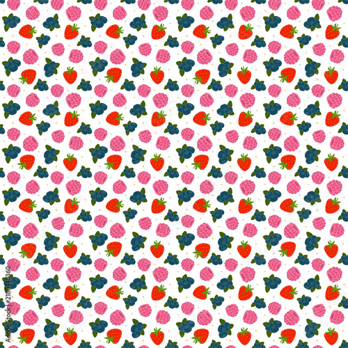 Mixed berries seamless pattern with strawberries, blueberries and raspberries. Repeating fruit background ideal for fabric, packaging, stationery, wallpaper and summer designs.