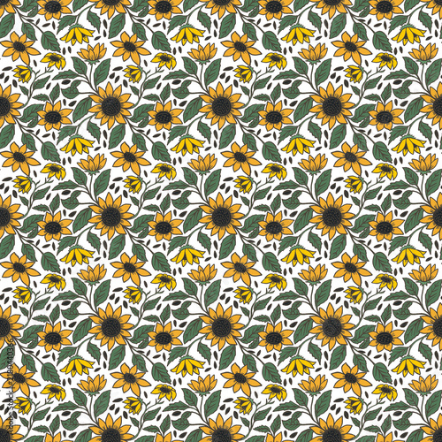 Sunflower seamless pattern with yellow flowers, green leaves and scattered seeds. Repeating botanical background ideal for fabric, wallpaper, stationery, packaging and summer designs.