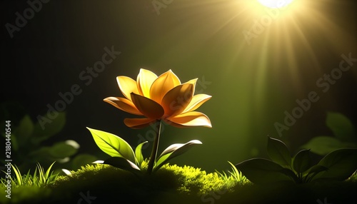 Single golden flower illuminated on dark green background