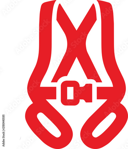 Red icon of a full body safety harness with buckle for construction and industrial fall protection