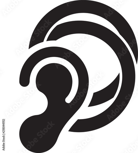 Stylized black silhouette icon of a human ear, minimalist symbol for hearing and auditory sense