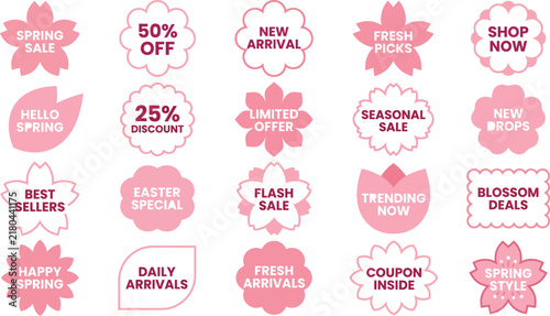 Pink floral sale discount badge sticker set with shop now and seasonal offer tags design
