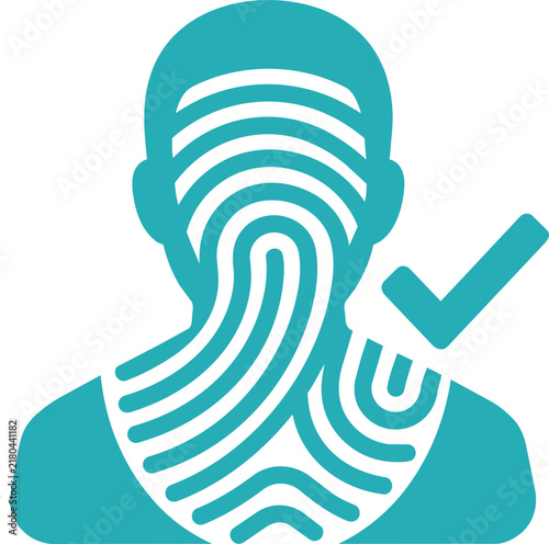 Teal icon of a human head and shoulders silhouette filled with fingerprint ridges and a checkmark symbol