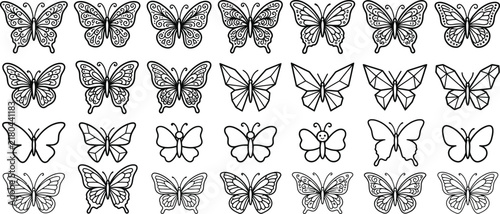 Black butterfly outline icon set with delicate wing patterns nature insect vector symbols collection design
