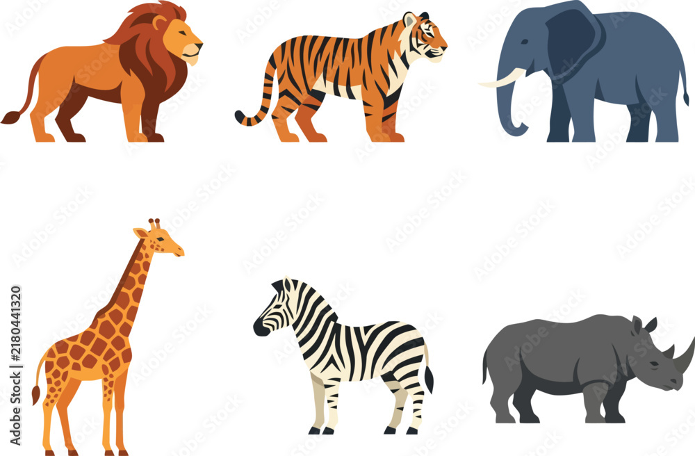 Fototapeta premium A collection of six wild African animals including a lion tiger elephant giraffe zebra and rhinoceros.