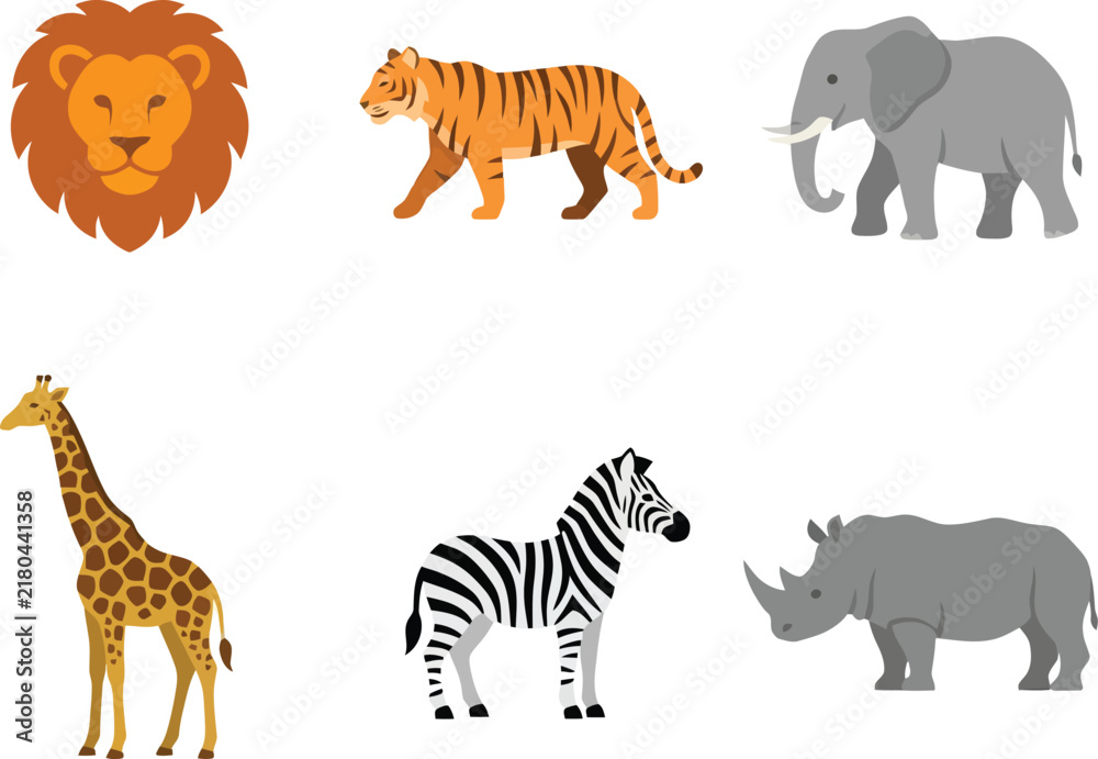 Obraz premium A collection of six diverse wild animals including a lion tiger elephant giraffe zebra and rhinoceros.