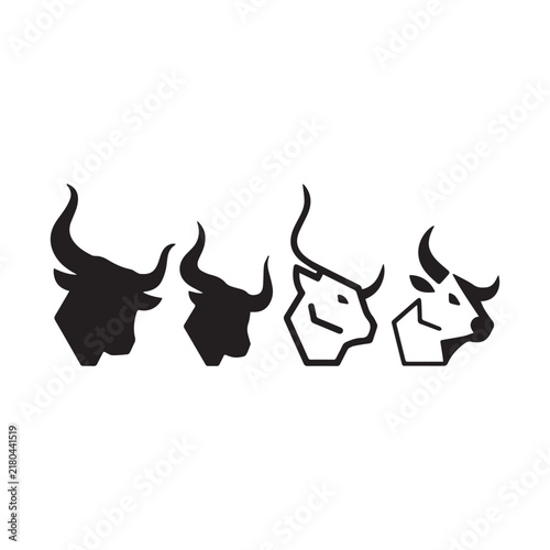 Bull Head Silhouette Line Art Vector Icon Set On White Background.