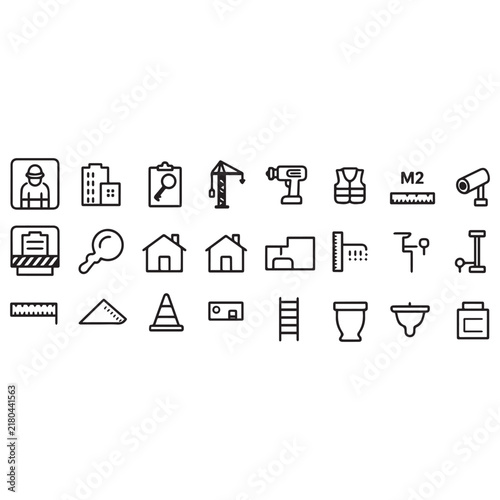 Construction Tools And Equipment Line Icon Set Vector Illustration White Background. 