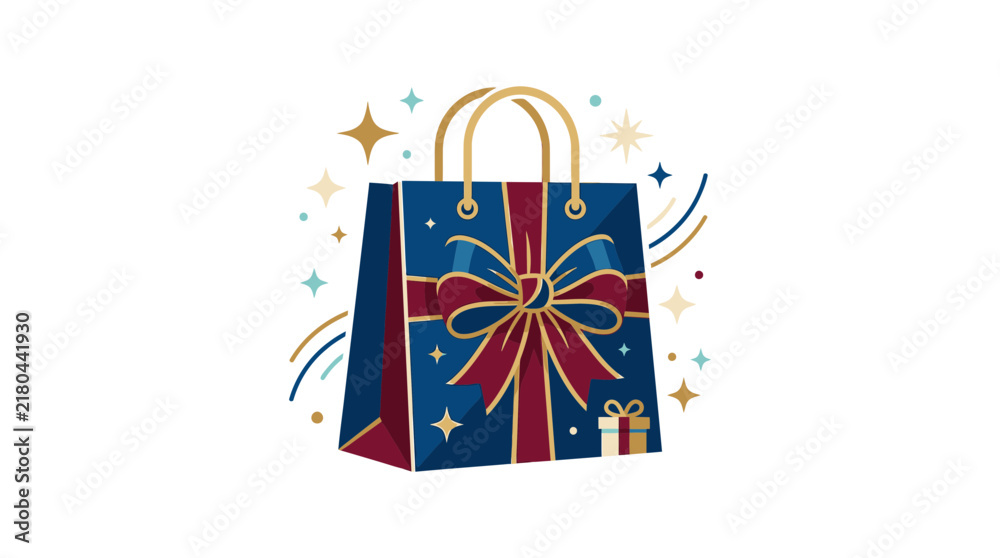 Fototapeta premium Blue shopping bag with red ribbon bow and festive sparkles for holiday gift sales