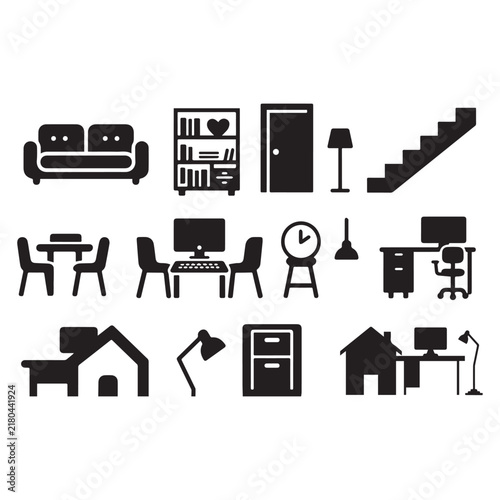Home Office Furniture Glyph Icon Set Vector Illustration On White Background.