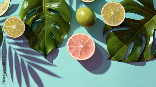 Fresh citrus fruits and tropical palm leaves cast sharp shadows on a bright cyan background.