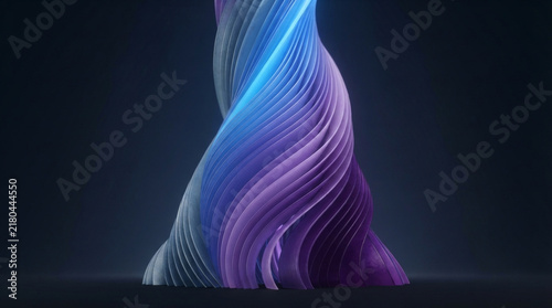 Abstract 3D twisted spiral sculpture with glowing blue and purple neon light gradients