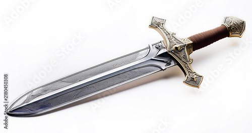 Double-edged sword. Blade and handle of a sharp sword, knife. Isolated on a white background.