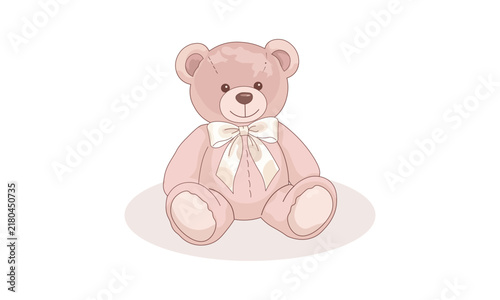 3D Cartoon Pink Teddy Bear with White Bow Vector, Plush Puffy Stuffed Toy Graphic, Cute Pink Teddy Bear Mascot Illustration, 3D Plush Toy